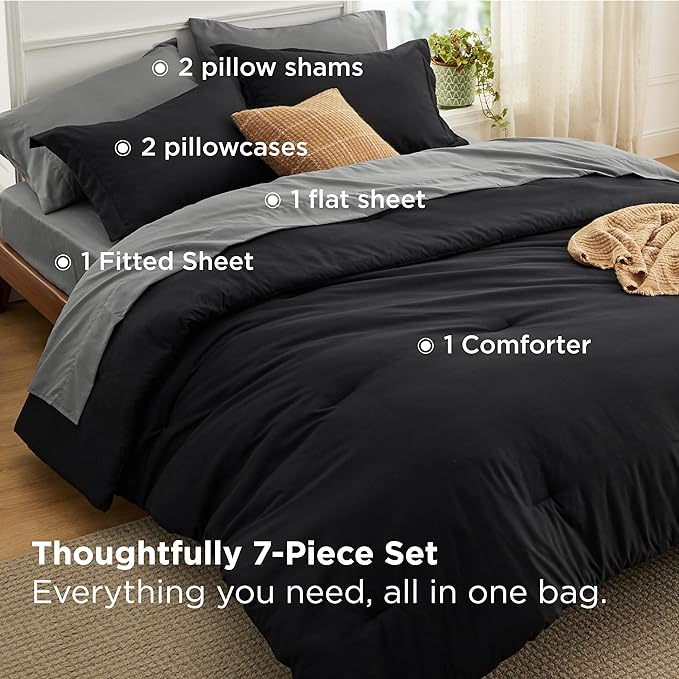 Bedsure Queen Comforter Set - 7 Pieces Black Queen Bedding Set for All Seasons, Boho Contrasting Design Bed in a Bag with Comforter, Sheets, Pillowcases & Shams
