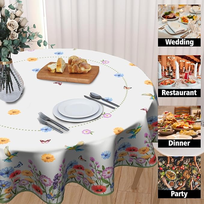 Kawani Spring Summer Wildflower Watercolor Flowers & Butterfly 60"Round Polyester Tablecloth for Home Kitchen Dining Room Picnic Outdoor Party Table Decor