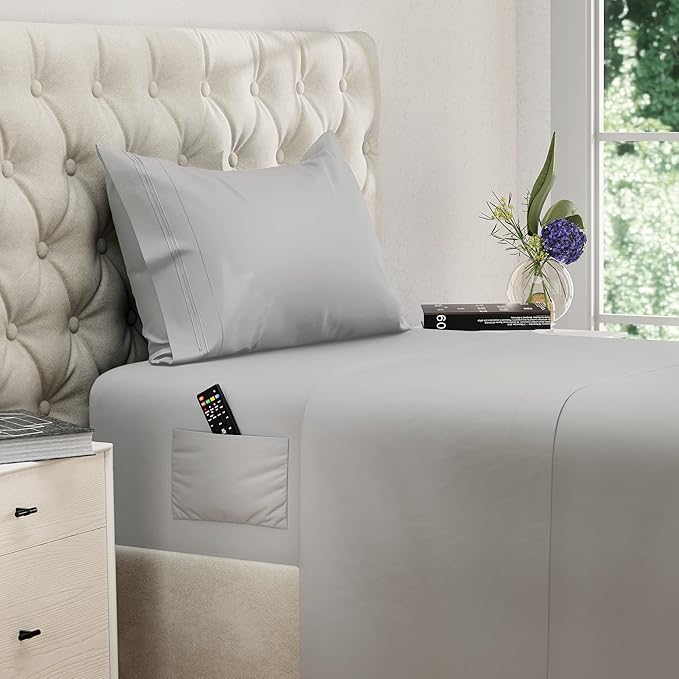 DREAMCARE Twin XL Sheet Sets – 3pcs Cooling Sheets – up to 21” Extra Deep Pocket Twin XL Sheets Set – Hotel Luxury Sheets & Pillowcases – Superior Softness 100% Fine Microfiber with Side Pocket –LGray