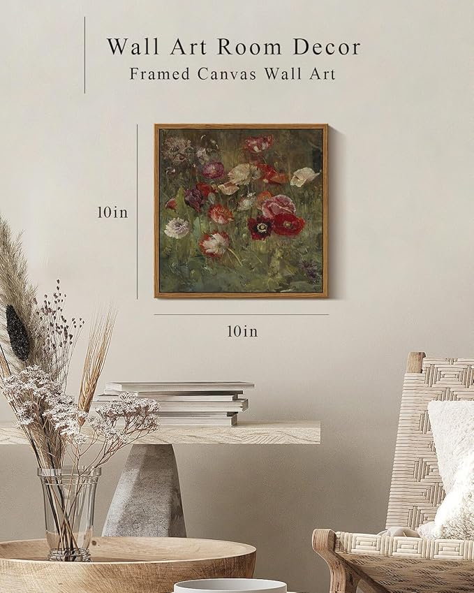 InSimSea Square Framed Canvas Wall Art, Flower Classical Floral Scenic Oil Painting Canvas Wall Art Prints, Desk Decor Artwork, Rustic Wall Decor for Bedroom Bathroom, Office 10"x10"