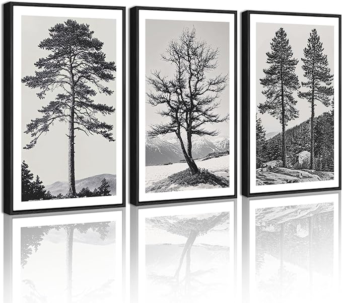 KUVIOKE Vintage Black Gray Forest Wall Art Framed Antique Retro Tree Prints Modern Rustic Artwork Bedroom Living Room Ready to Hang 16x24in (Black Framed)