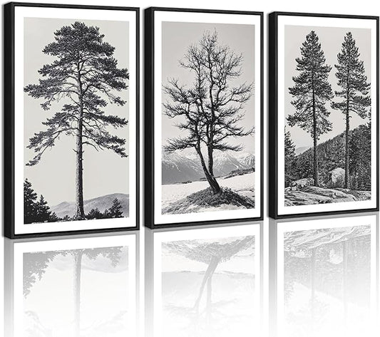 KUVIOKE Vintage Black Gray Forest Wall Art Framed Antique Retro Tree Prints Modern Rustic Artwork Bedroom Living Room Ready to Hang 16x24in (Black Framed)