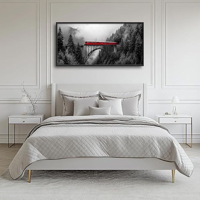 Olivine Train Large Wall Art, Black and White Pictures Wall Decor, Train Painting, Landscape Canvas Prints, Framed Artwork for Men Dining Room Living Room Bedroom Bathroom Home Decoration 60"x30"