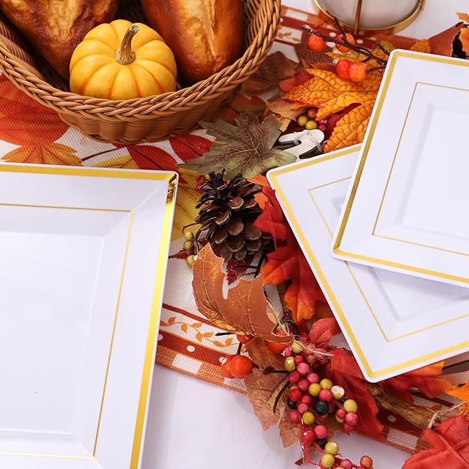 WDF 125pcs Gold Plastic Plates Set - Gold Rimmed Dinner & Salad Plates, Silverware (25 Forks, Knives, Spoons) for Thanksgiving