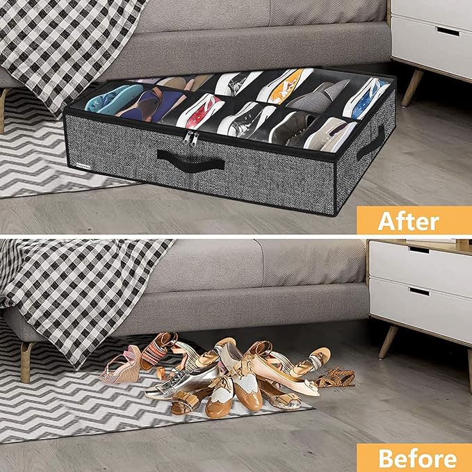 Onlyeasy Under Bed Shoe Storage Organizer with Sturdy Handles and Clear Window 1 Pack Fits 12 Pairs, Premium Foldable Underbed Shoes Container Box for Closet, Linen-like Black, MXAUBSB1P