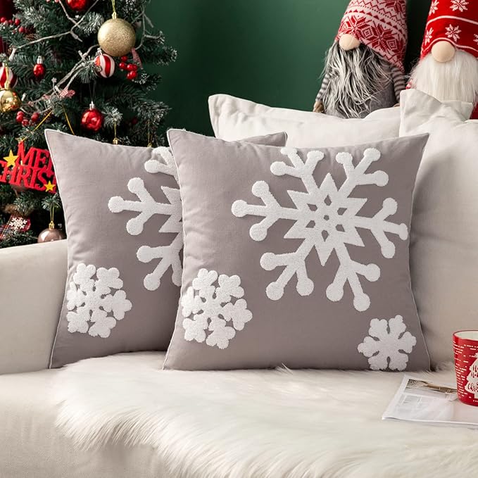 MIULEE Pack of 2 Christmas Decorative Snowflake Throw Pillow Covers Canvas Embroidery Winter Cushion Cases Holiday Decor Soft Pillowcases for Winter Couch Sofa Bedroom Car（Grey, 18x18in）