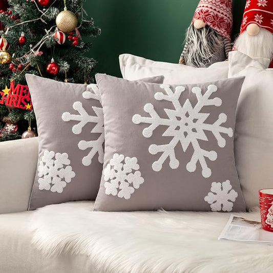MIULEE Pack of 2 Christmas Decorative Snowflake Throw Pillow Covers Canvas Embroidery Winter Cushion Cases Holiday Decor Soft Pillowcases for Winter Couch Sofa Bedroom Car（Grey, 16x16in）