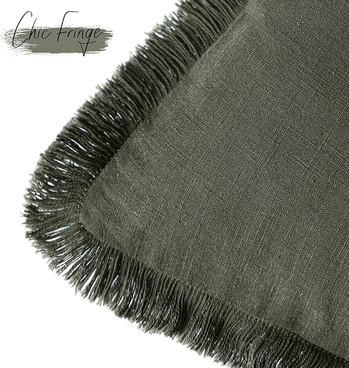 Foindtower Set of 2 Decorative Linen Fringe Throw Pillow Covers Cozy Farmhouse Cushion Cover with Tassels Accent Pillowcase for Couch Chair Sofa Bed Living Room Home Decor,18×18 Inch,Dark Olive Green