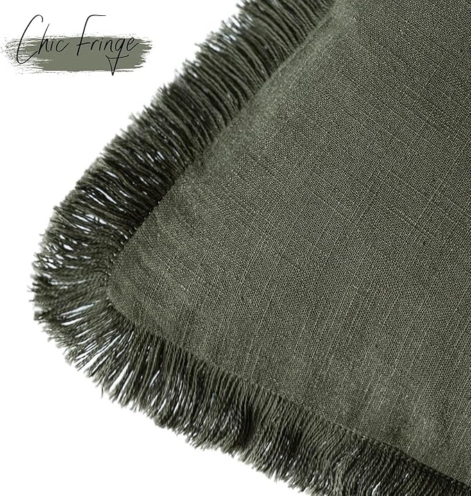 Foindtower Set of 2 Decorative Linen Fringe Throw Pillow Covers Boho Farmhouse Cushion Cover with Tassels Soft Accent Pillowcase for Couch Sofa Bed Living Room Home Decor,26×26 Inch,Dark Olive Green