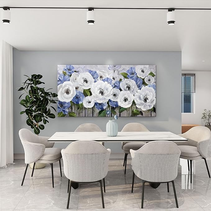 Large Canvas Wall Art for Living Room, Blue and White Textured Floral Wall Art, Flower Wall Pictures and Paintings, Nature and Landscape Artwork, Bedroom Wall Decor
