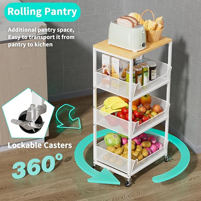 HapiRm Fruit Basket Kitchen Cart - 4-Tier Rolling Storage Cart with Wheels, Wood Top Utility Pantry Cart for Vegetables, Potatoes, Onions, Bread, Snacks