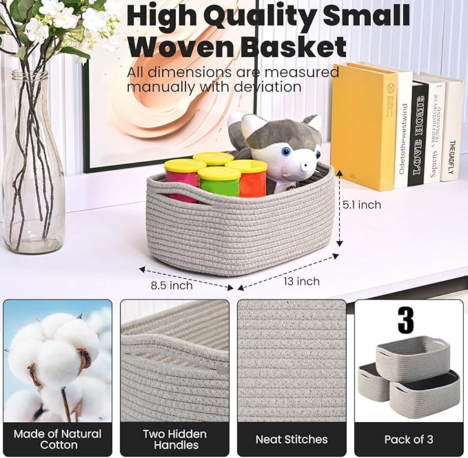 Small Grey Baskets for Organizing, Gray Storage Basket for Shelves, Woven Baskets for Storage, Small Organizer Basket for Décor Gifts, 13"×8.5"×5.1" (3 Packs) Grey