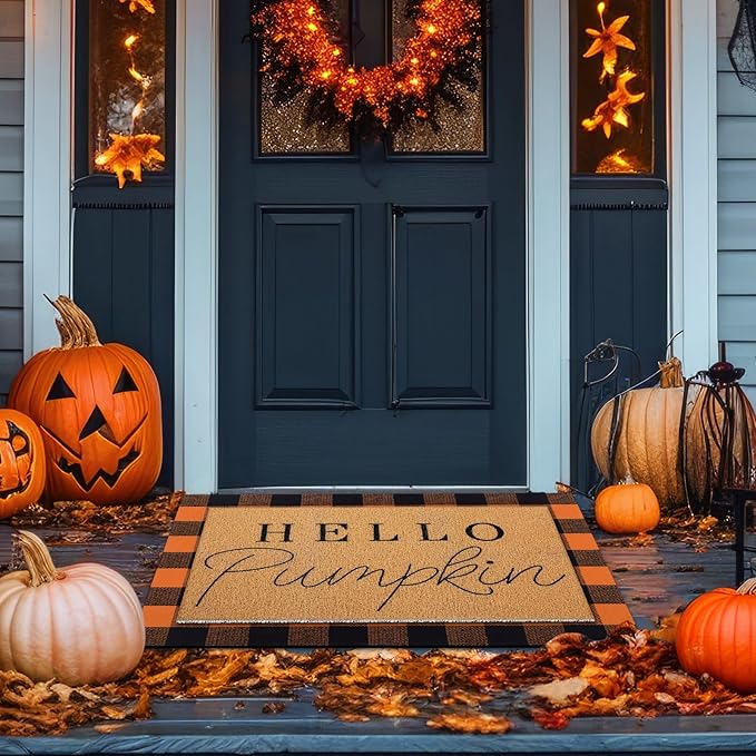 2 Pcs Halloween Door Mat Thanksgiving Hello Pumpkin Welcome Non Slip Coir Mats Fall Black Orange Buffalo Plaid Floor Layering Doormats Seasonal for Front Porch Entryway Decor(Black Orange)