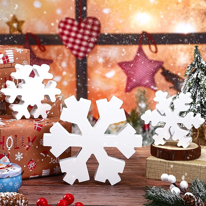 Bucherry 3 Pcs Winter Wooden Snowflake Decor Rustic Winter Snowflake Table Signs Wonderland Wood Blocks Farmhouse Christmas Tiered Tray Decorations for Xmas Table Shelf(White)