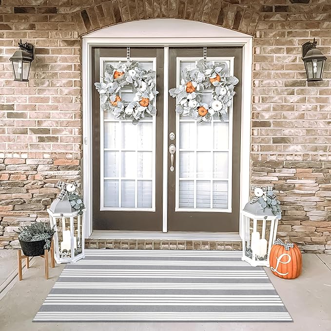 OJIA Outdoor Area Rug 4'x6', Gray and White Outdoor Rug Machine Washable Patio Rugs Cotton Hand Woven Entryway Rug Indoor Outdoor Rugs for Bedroom Living Room Porch Decor Deck Backyard Camping