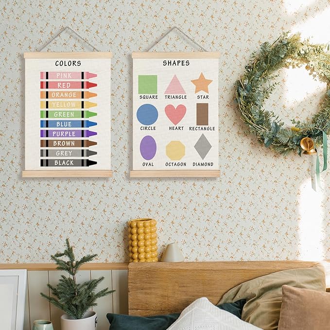 Supwhd Shapes Colors Posters for Classroom Wall, Shapes Colors Learning Poster Hanger Frame Wall Decor for Classroom Nursery Kids Room Playroom Preschool Decor, 12x16 Set of 2