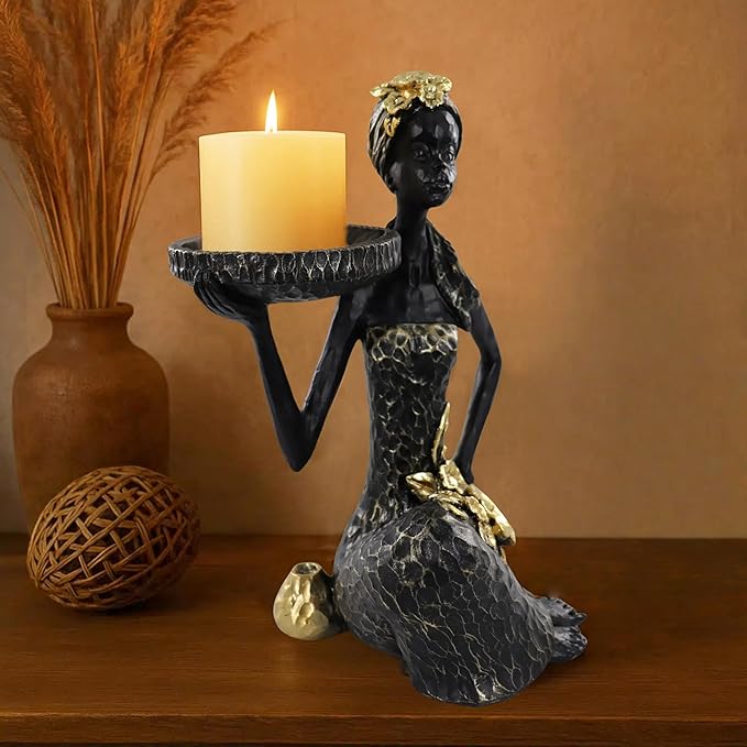 African Lady Figurine Candle Holder with African Tribal Totem for Wedding,Church,Holiday Decor-African Decorative Women Statues, Candlestick Holder for Home and Table Decor(405-Black)
