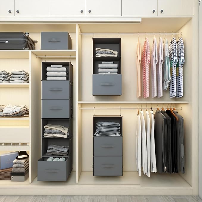 Twira 6-Shelf Hanging Closet Organizer, 2 Separable 3-Shelf Hanging Shelves, Hanging Storage with 3 Removable Drawers 4 Side Pockets, Storage Organizer for Closet, Nursery (Dark Grey)