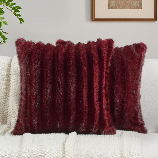 FUTEI Burgundy Decorative Throw Pillow Covers 16x16 Inch Set of 2,Soft Fluffy Faux Mink Fur Dyeing Striped Textured Cushion Case,Modern Home Decor for Couch Bed Living Room