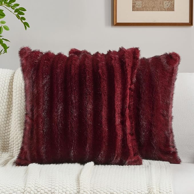 FUTEI Burgundy Decorative Throw Pillow Covers 18x18 Inch Set of 2,Soft Fluffy Faux Mink Fur Dyeing Striped Textured Cushion Case,Modern Home Decor for Couch Bed Living Room