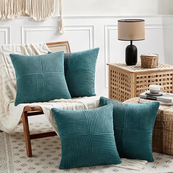 Fancy Homi 4 Packs Teal Decorative Throw Pillow Covers 18x18 Inch for Living Room Couch Bed Sofa, Rustic Farmhouse Boho Home Decor, Soft Cross Corduroy Patchwork Textured Square Cushion Case 45x45 cm
