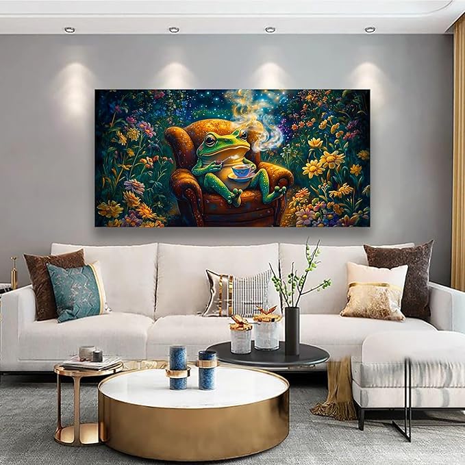 Garden Frog Sipping Tea Picture Print Canvas Wall Art Living Room Office Bedroom Wall Decoration Fantasy Wall Art Prints Modern Green Blue Landscape Artwork Waterproof Ready to Hang - 20x40 inches
