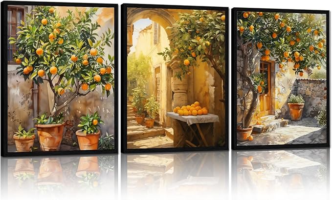 3Pcs Framed Canvas Wrap Wall Art Vintage Citrus Gallery Poster Artwork Mediterranean Style Pictures for Living Room Kitchen Bedroom Farmhouse or Dining Room 16x24 Inch