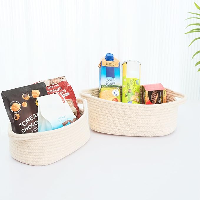 MINTWOOD Design 5-Piece Storage Baskets for Organizing, Small Woven Rope Baskets for Storage and Shelves, Dog Cat Toy Basket Box, Pantry Bathroom Organization Bins, Nightstand Organizer, Beige