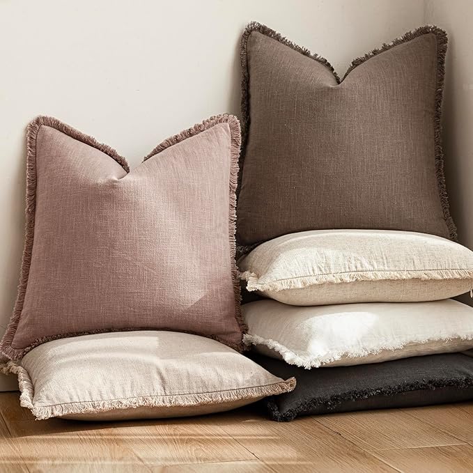 Foindtower Set of 2 Decorative Linen Fringe Throw Pillow Covers Boho Farmhouse Cushion Cover with Tassels Soft Accent Pillowcase for Couch Sofa Bed Living Room Home Decor,20×20 Inch,Dusty Pink