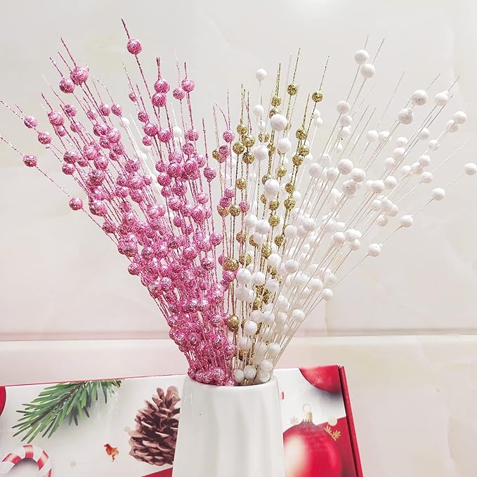 Christmas Artificial Glitter Berry Stem Decorations Decorative Bead Sticks Xmas Picks Glittery Twigs Branches for Christmas Tree Wreath Gift Vase Home Decor Party Ornaments White 24 PCS