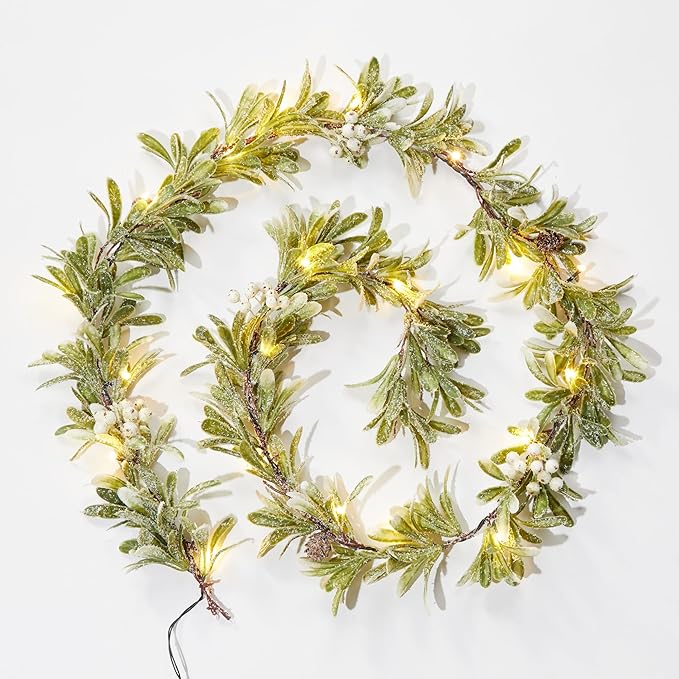 Brightown Pre-lit Christmas Garland with Lights, Battery Operated, 6Ft 20 LED Lighted Olive Greenery Garland Decorated with Snowflakes, Indoor Outdoor Christmas Lights for Mantle Stairs Wall, 2 Pack