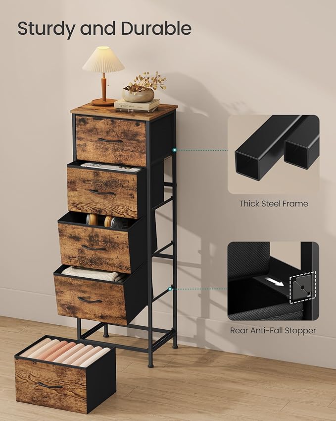 SONGMICS Dresser for Bedroom, Chest of Drawers, Steel, MDF, 5 Non-Woven Fabric Drawers, Storage Organizer Unit, Closet, Entryway, Rustic Brown and Ink Black ULGS315B02S