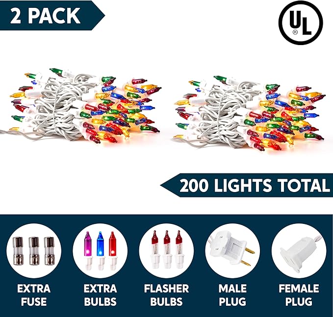 Joiedomi Christmas String Lights Indoor,200(2x100) Mini Multicolor Light with 42.8 FT White Wire,Lighting Decor for Patio Dorm Classroom Bedroom Holiday Wedding Party Garland Birthday Festival
