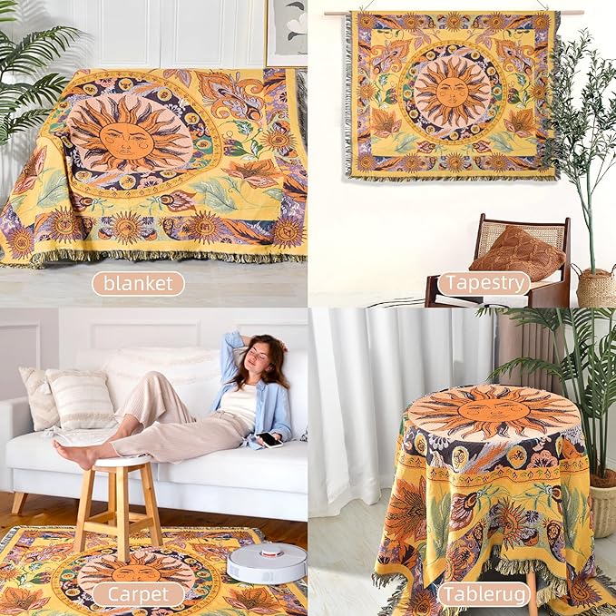 Boho Throw Blanket Reversible Cotton Bohemian Tapestry Hippie Room Decor Outdoor Blanket Double Sided (National Sun Pattern Yellow 50"x60")
