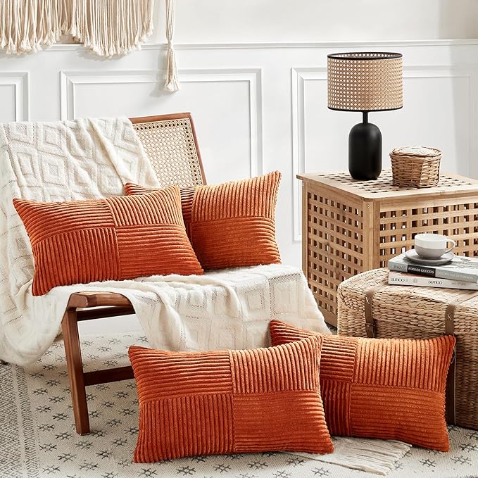 Fancy Homi Set of 4 Burnt Orange Lumbar Decorative Throw Pillow Covers 12x20 Inch for Living Room Couch Bed, Boho Farmhouse Fall Home Decor, Soft Corduroy Cross Patchwork Cushion Case 30x50 cm
