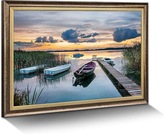 Lake Landscape Canvas Wall Art: Framed Country Scenery Painting Large Calming Rural View Artwork Relaxing Stunning Sunset Skyline Prints Casual Long Pier Picture for Office Living Room