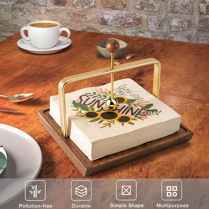 Wood Napkin Holder for Table, Square Tabletop Napkin Dispenser with Sophisticatedly Metal Center Bar, Cocktail Napkin Holder for Home, Kitchen, Office, Restaurant, Hotel, Cafe, Bar