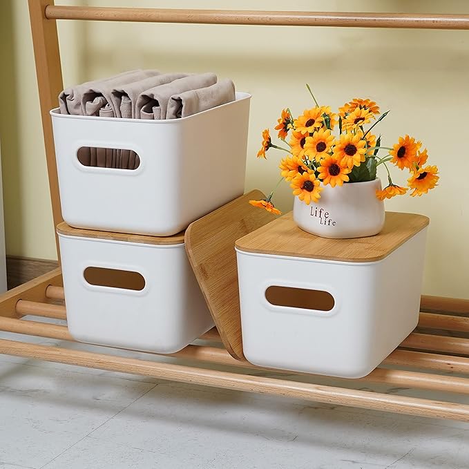Citylife 4 PCS Storage Bins with Bamboo Lids Plastic Storage Containers for Organizing Stackable Storage Box with Handle, 10.23 x 7.08 x 6.3 inch