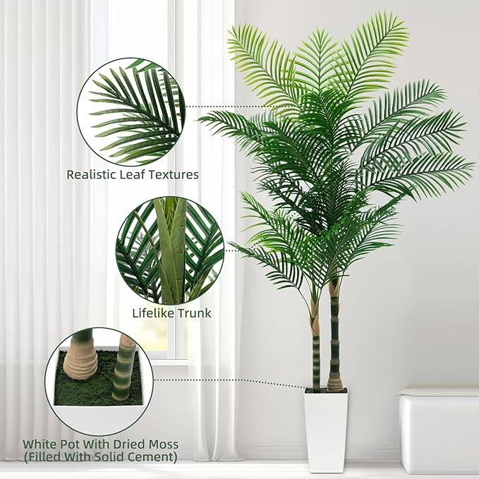 7ft Artificial Golden Cane Palm Tree with LED Fairy Lights & White Tall Planter-Lifelike Faux Tropical Palm with Realistic Trunk and Palm Leaves for Indoor Home Office Living Room Corner Decor