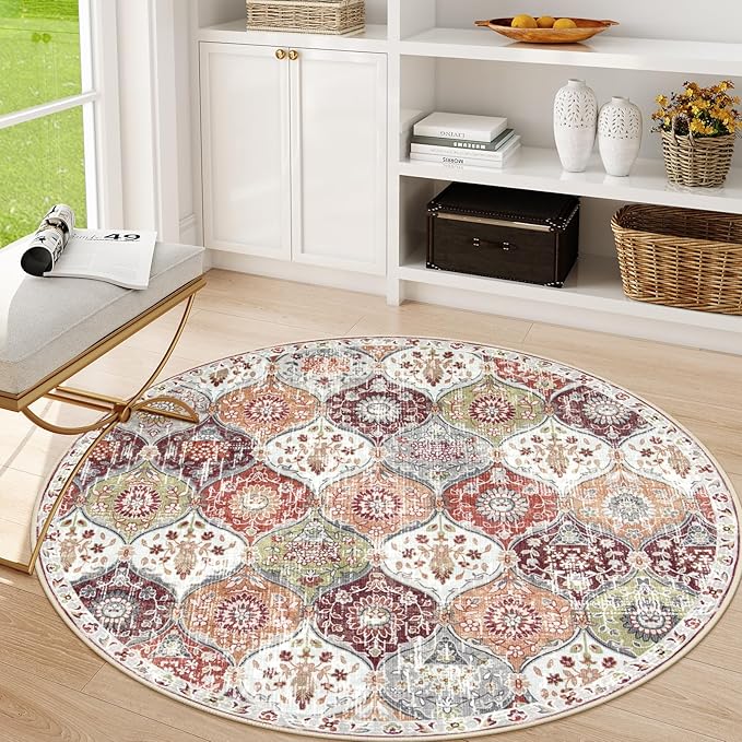 Lahome Moroccan Trellis Washable Round Area Rug, Soft Round Rugs 6ft Ultra-Thin Non-Slip, Vintage Large Circle Carpet for Bedroom Living Room Kitchen Nursery, Orange/Terracotta