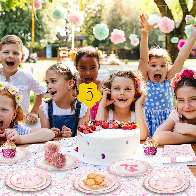 180Pcs Pink Bow Party Supplies Paper Plates and Napkins Serve 60 Disposable Tableware Set for Birthday Party Decorations Game Day Family School Holiday Sports Events