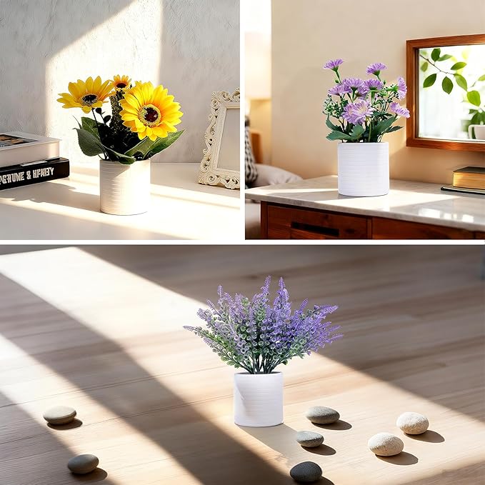 FGSAEOR Mini Potted Fake Plants, Small Artificial Greenery Realistic Plants Topiaries, Low Maintenance, for Home Office Shelf Desk Farmhouse Room Coffee Table Decor (3-Pack) (Purple Yellow)
