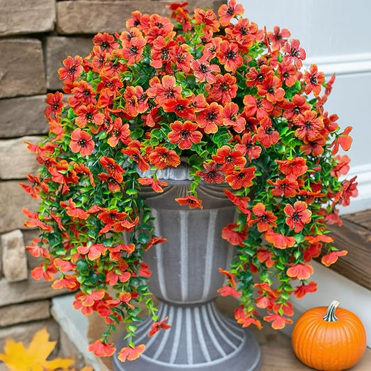 HyeFlora Artificial Fall Flowers for Outdoors Fake Hanging Decoration, 2Pcs Orange Daisy with Autumn Leaves, Realistic Plants Decor, UV & Fading Resistant Silk Flower for Porch Patio Balcony