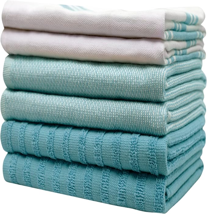 Premium Kitchen Towels (20”x 28”, 6 Pack) – Large Cotton Kitchen Hand Towels – Flat & Terry Towel – Highly Absorbent Tea Towels Set with Hanging Loop (Wide Stripe Aqua)