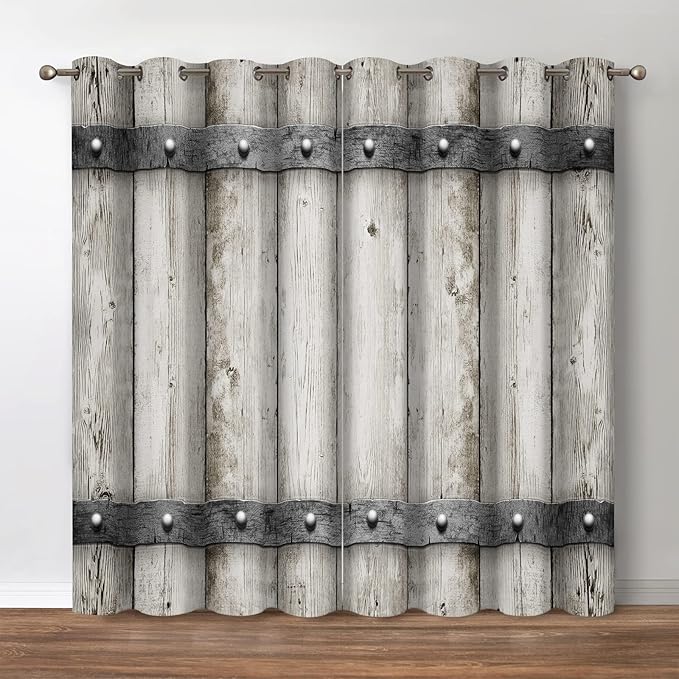 Jekeno Rustic Wooden Barn Door Blackout Curtains Retro Wood Farm Farmhouse Country Decor for Bedroom Living Room Darkening Grommet Window Drapes 2 Panel Set, 52"x84"