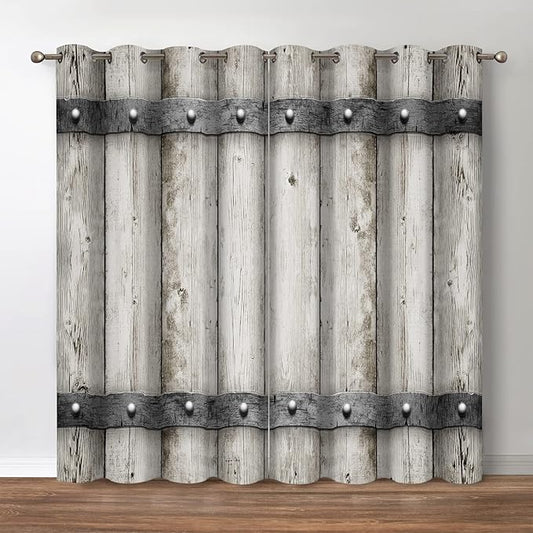 Jekeno Rustic Wooden Barn Door Blackout Curtains Retro Wood Farm Farmhouse Country Decor for Bedroom Living Room Darkening Grommet Window Drapes 2 Panel Set, 42"x84"