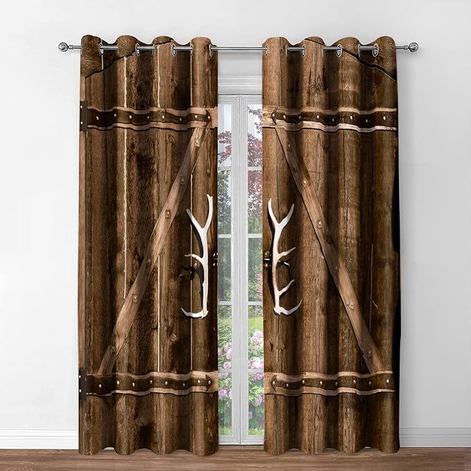Jekeno Rustic Wooden Blackout Curtains Brown Wood Door of Farmhouse Village Rural Retro Decor for Bedroom Living Room Darkening Grommet Window Drapes 2 Panel Set, 42"x84"