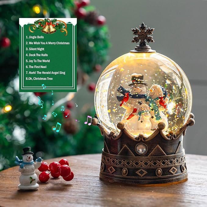 Snow Globe Lighted Christmas Decorations, Snowman Family Musical Crown Snow Globe Lantern with Swirling Glitter, Christmas Holiday Party Gifts and Decorations
