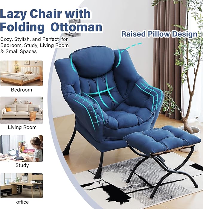 Lazy Chair with Ottoman, Modern Chair with Folding Footrest, Lounge Accent Chair, Comfortable Reading Chair (Royal Blue)