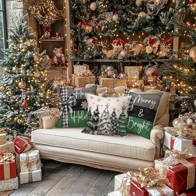 GEEORY Christmas Throw Pillow Covers 20 x 20 Inch Set of 4, Xmas Trees Merry and Bright Happy Holidays Farmhouse Decorative Cushion Cases for Home Decoration G584-20